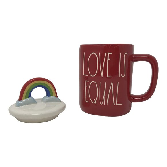 RAE DUNN LOVE IS EQUAL Rainbow Clouds Lid Hand Painted Oversize Mug NWT - Picture 2 of 10